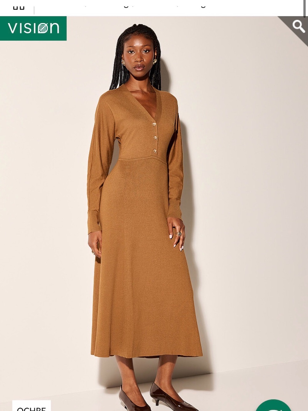 ICONE (Simons Brand) Long Sleeve V-Neck Midi Dress in Camel Brown